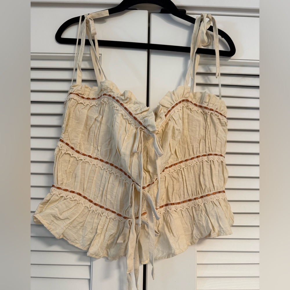 Cream Ruffled Women's Top with Ribbon Details